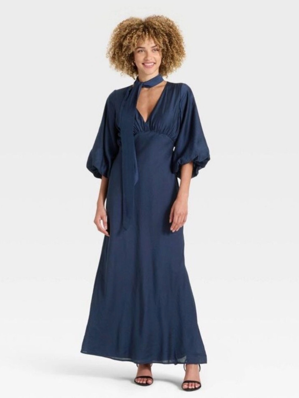 a new day women’s Navy Satin Maxi Robe with Tie Neck size L 60” long